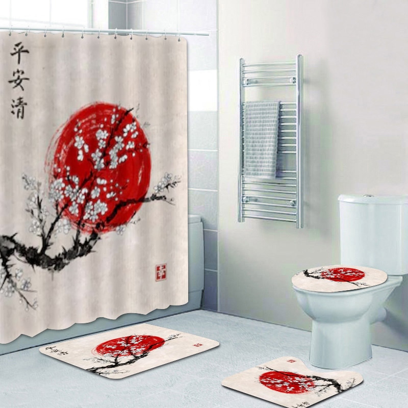 Japanese Shower Curtain and Bath Mat Set